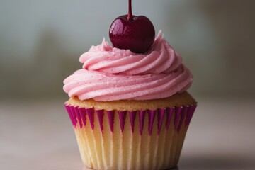 A delicious-looking cupcake with pink frosting and a cherry on top