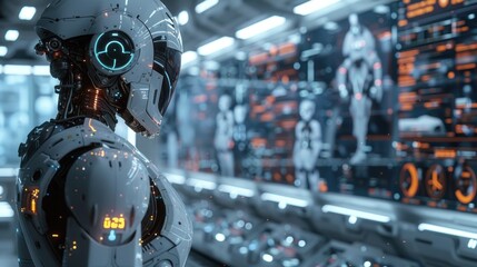 Fototapeta premium A futuristic robot stands in a high-tech room, facing a wall of monitors displaying data and diagrams.
