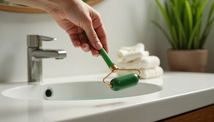 Woman holding a jade facial roller in a bathroom with plants and towels for skincare routine