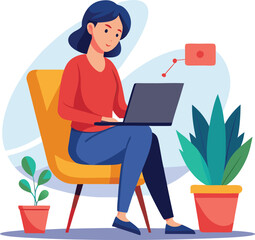 a girl is using his laptop vector