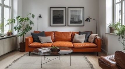Fototapeta premium Stylish living room with orange leather sofa, coffee table, plants, and artwork.