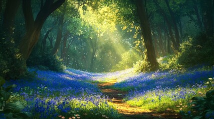 Fototapeta premium Sunlit Path Through Bluebell Forest