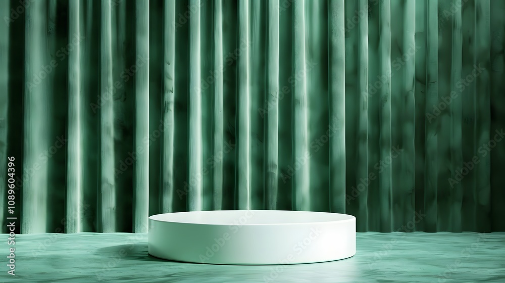 Poster minimalist studio setting with circular podium against soft green drapery for product display, prese