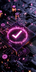 Fototapeta premium Check 3D minimalist concept. A close-up view of a futuristic circuit board featuring a glowing pink check mark, symbolizing validation and efficiency in technology and digital solutions.