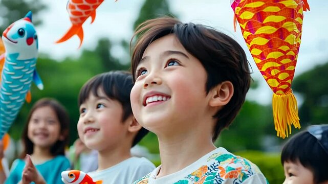 Asian children joyfully gaze at vibrant koi windsocks, celebrating Japanese Children's Day outdoors