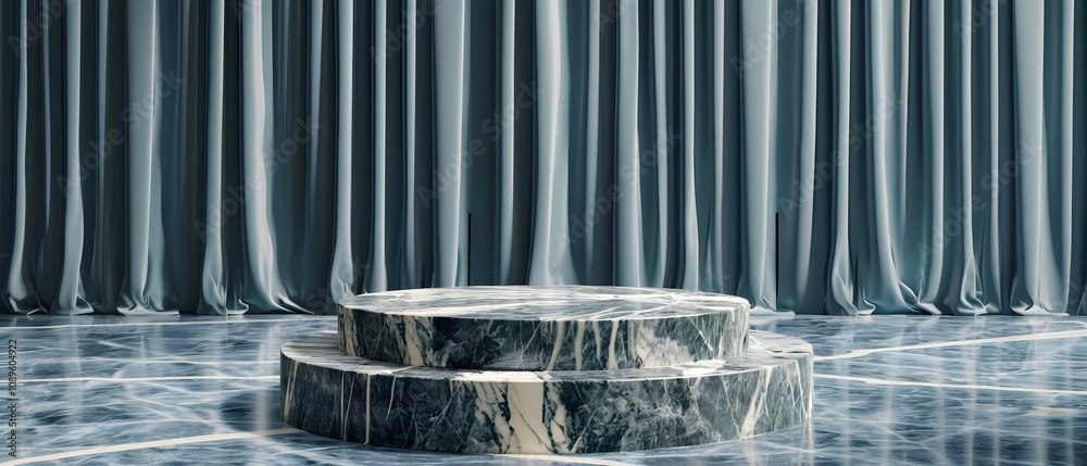 Poster elegant stage with marble platform and flowing curtains in soft lighting, perfect background for fas