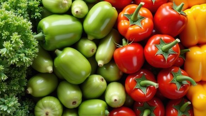 Vibrant assortment of fresh vegetables featuring bell peppers, tomatoes, and green fruits. Generative, AI,

