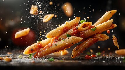 Penne pasta flying mid-air with grated cheese raining down, creamy tomato sauce coating each piece, vibrant lighting highlighting the steam and texture, dark background for maximum contrast,