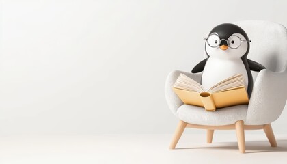 Obraz premium A cute penguin character wearing glasses sits comfortably in a cozy chair, reading a book. Ideal for whimsical, educational, and children's media.