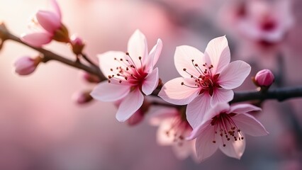 Fototapeta premium Delicate cherry blossoms in full bloom, soft bokeh background with soft pink hues