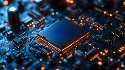 Intricate blue microchip surrounded by glowing circuits on a computer motherboard at close range