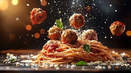 Spaghetti tossed in mid-air, with meatballs and marinara sauce splashing, grated parmesan cheese floating down, dynamic lighting highlighting textures, dark blurred background,