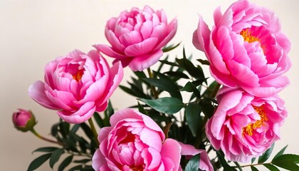 Obraz premium Soft pink peonies in full bloom, set against a soft cream-colored backdrop
