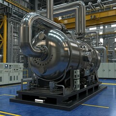 Obraz premium Modern factory interior with advanced industrial machinery, featuring a cylindrical compressor on a metal platform, surrounded by pipelines, control panels, and polished floors