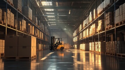 Forklift carrying boxes in large distribution warehouse with sunbeams