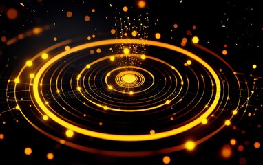 Obraz premium A mesmerizing abstract image featuring concentric circles of glowing orange particles against a dark background, ideal for technology, art, and design themes.