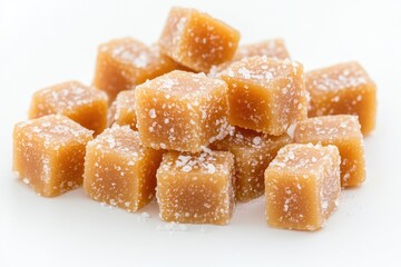 A pile of sugar cubes arranged neatly on a white surface