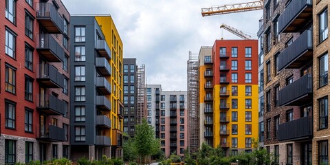 Fototapeta premium Modern apartment buildings showcase vibrant colors and contemporary design. An urban landscape emphasizes style and functionality. Perfect for real estate or architecture projects. AI
