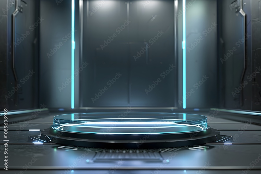 Poster Futuristic Display Pod in a High-Tech Environment with Neon Lights and a Sleek, Minimalist Design Ideal for Product Showcases and Visual Presentations