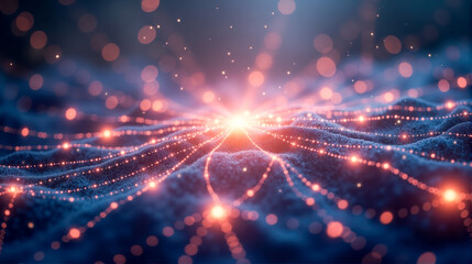 Fototapeta premium Vibrant abstract illustration of glowing particles creating a network in a cosmic landscape