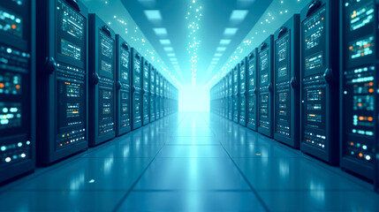 Vast data center hallway illuminated by glowing servers in a futuristic network layout