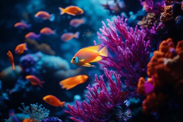 Obraz premium Vibrant underwater scene with colorful fish swimming among bright coral reefs. A mesmerizing view of marine life in vivid colors. Enhance your collection. Generative AI