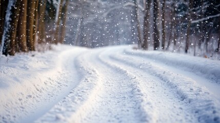 Obraz premium Snow covered road winds through a winter forest