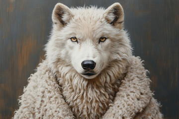 Obraz premium A unique portrait of a white wolf in symbolic sheepskin, executed in an artistic style. 