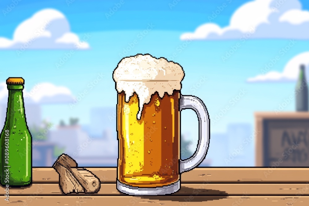Aufkleber Alcohol in pixel art form, showing a retro beer mug with foam bubbles and a small tavern scene in 8-bit style