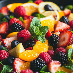 Obraz premium Colorful fruit salad featuring fresh berries and citrus assortment