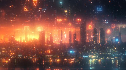 Abstract glowing business symbols floating over a digital cityscape