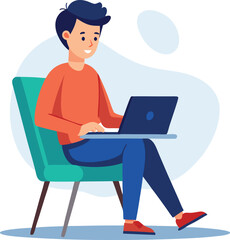 a boy is using his laptop vector