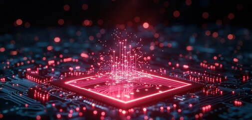Obraz premium An abstract representation of a microchip with glowing red nodes, symbolizing data transmission and digital innovation in modern technology and computing systems.