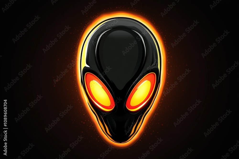 Poster alien head drawn with simple shapes and large glowing eyes against a plain dark background