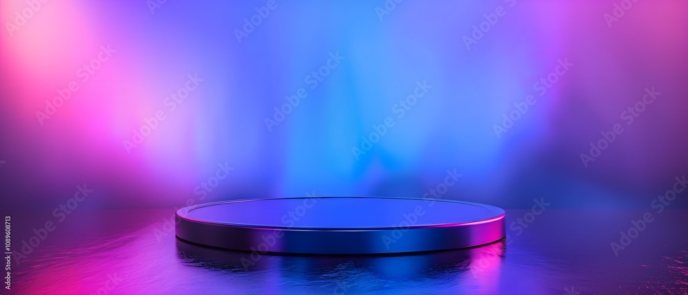 Poster circular display stand on reflective surface with colorful neon lighting in blue and purple hues for