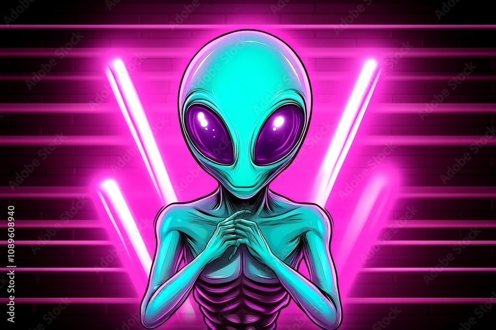 Poster alien in abstract geometric form, with clean lines and glowing elements