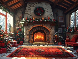 Obraz premium Cozy Fireplace with Christmas Decorations and Rug in a Warm Living Room.