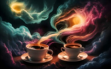Two steaming coffee cups releasing colorful, swirling nebulae, set against a cosmic, star-filled background.