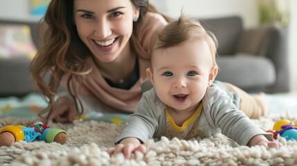 A mom and baby enjoying tummy time on a soft blanket, with toys scattered around