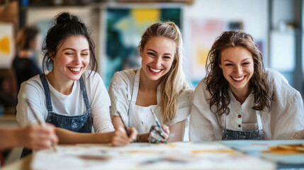 Fototapeta premium Creative Art Workshop with Women Friends: Exploring Painting and Friendship in a Bright Studio. Generative ai