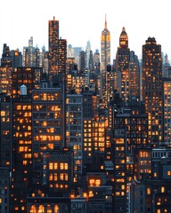 New York City skyline at night with illuminated skyscrapers on an isolated white background. Concept of cityscape and urban design template