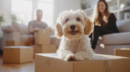Fototapeta na wymiar Happy Puppy in New Home with Family During Move-In Day. Generative ai