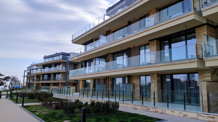 glass balconies on a modern apartment complex