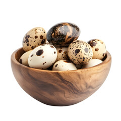 Obraz premium Delicious quail eggs in a wooden bowl isolated on a transparent background