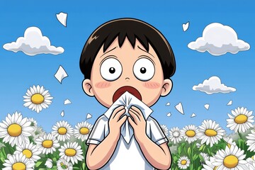 Allergies depicted in pixel art, showing a sneezing character surrounded by pixelated pollen and floating tissues in a retro-style animation