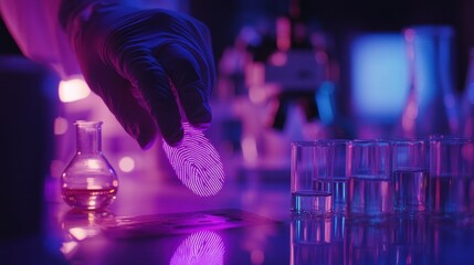Forensic scientist examines a unique fingerprint under UV light in a lab with diverse tools