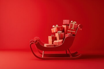 Naklejka premium Minimalistic red sleigh carrying neatly stacked gifts