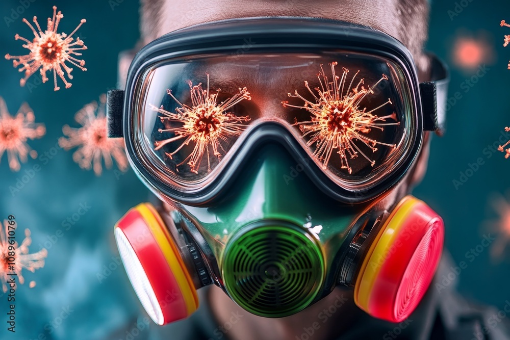 Poster allergies in a futuristic world shown with a person wearing a glowing filtration mask, with holograp