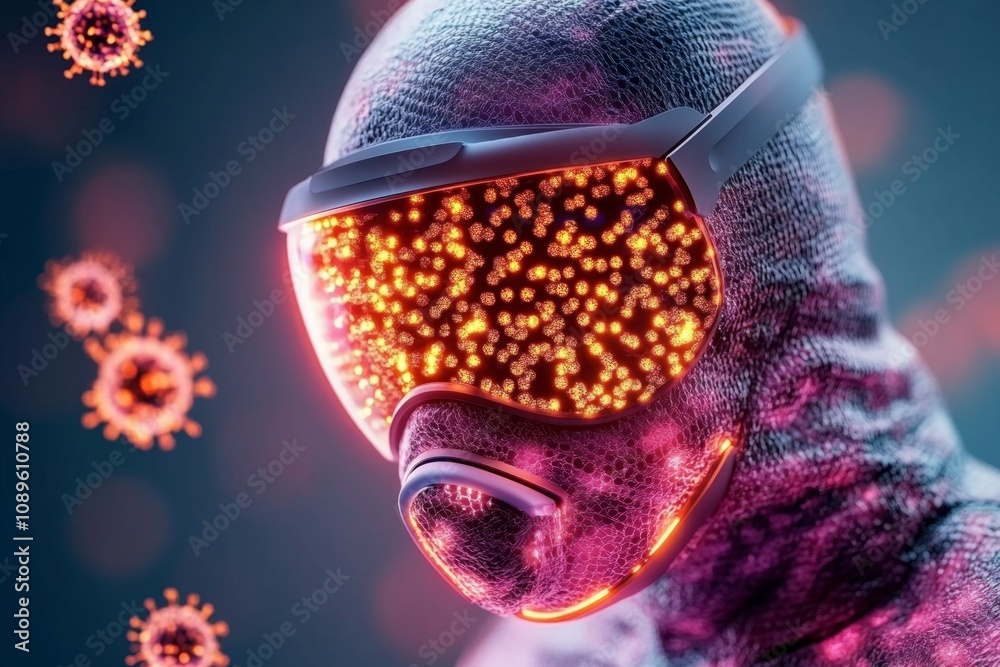Poster allergies in a futuristic world shown with a person wearing a glowing filtration mask, with holograp
