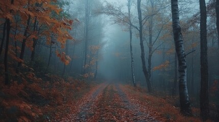 Fototapeta premium Misty Autumn Forest Path Autumnal Colors
